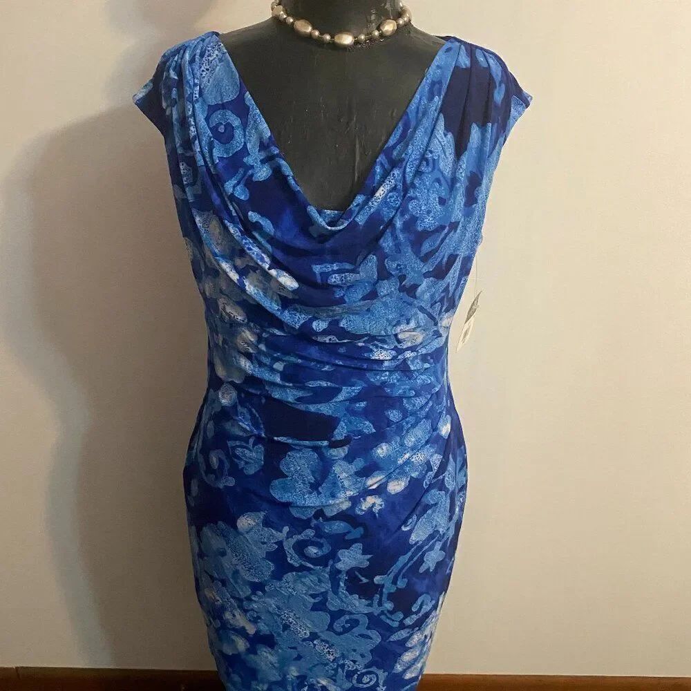 Lauren Ralph Lauren Blue Floral drape neck side Ruch dress, size 14P